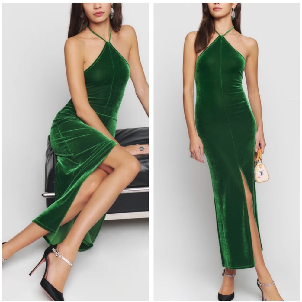 Reformation Green Velvet Maxi Dress